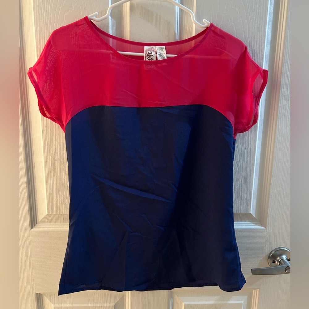 L8teR Pink and Blue Short Sleeve Shirt Blouse Top